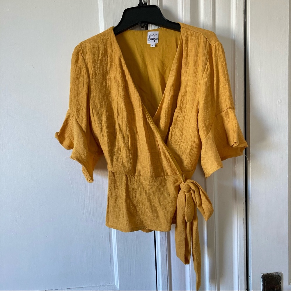 Perfect Stranger Ruffle Sleeve Wrap Top -Mustard
